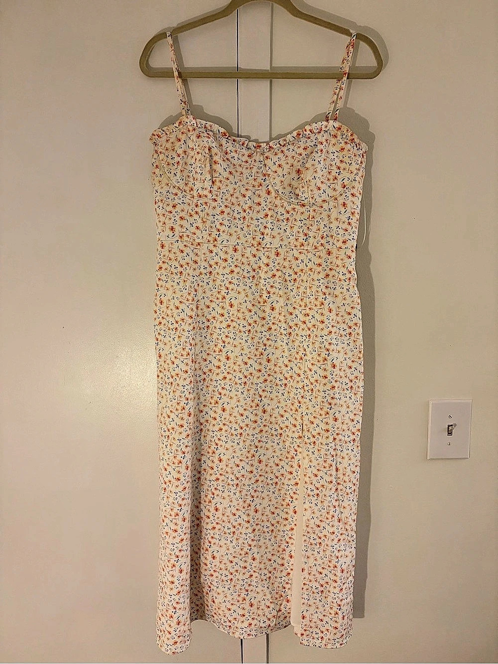 French Connection Enora Verona Sweetheart Ruffle Midi Dress White & Orange XL